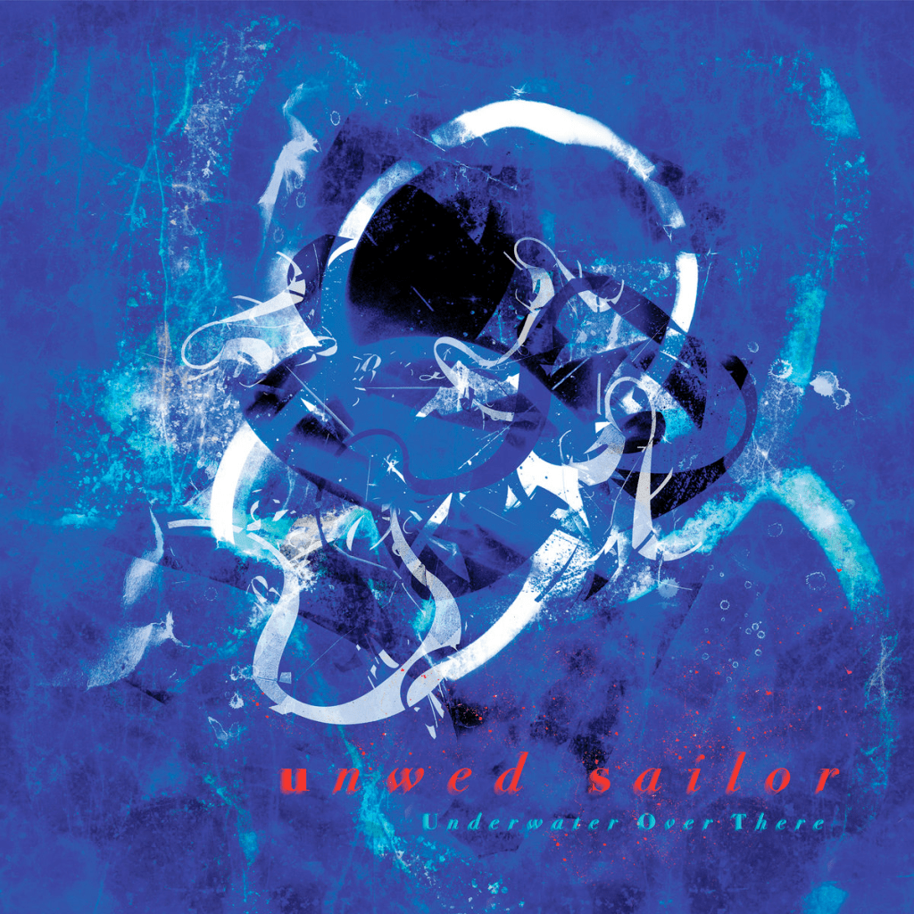 album art for UNDERWATER OVER THERE... mostly shades of blue from light to wine-dark purple... some white strands that could be ethereal squid doings... red lettering for the band, blue for the title